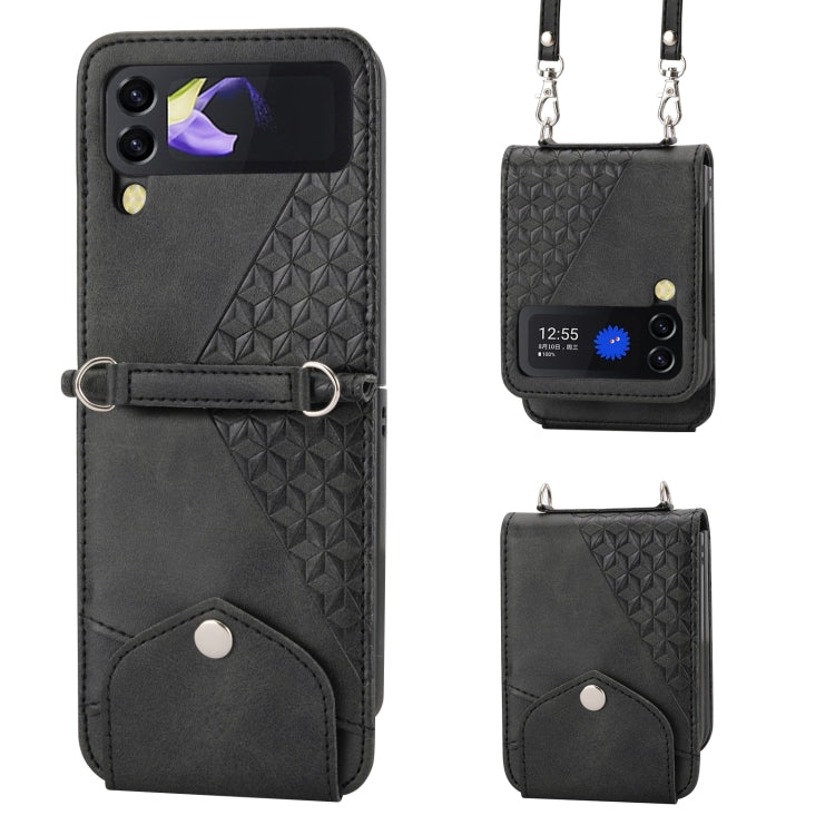 For Samsung Galaxy Z Flip4 Cubic Grid Calf Texture Leather Phone Case with Neck Lanyard