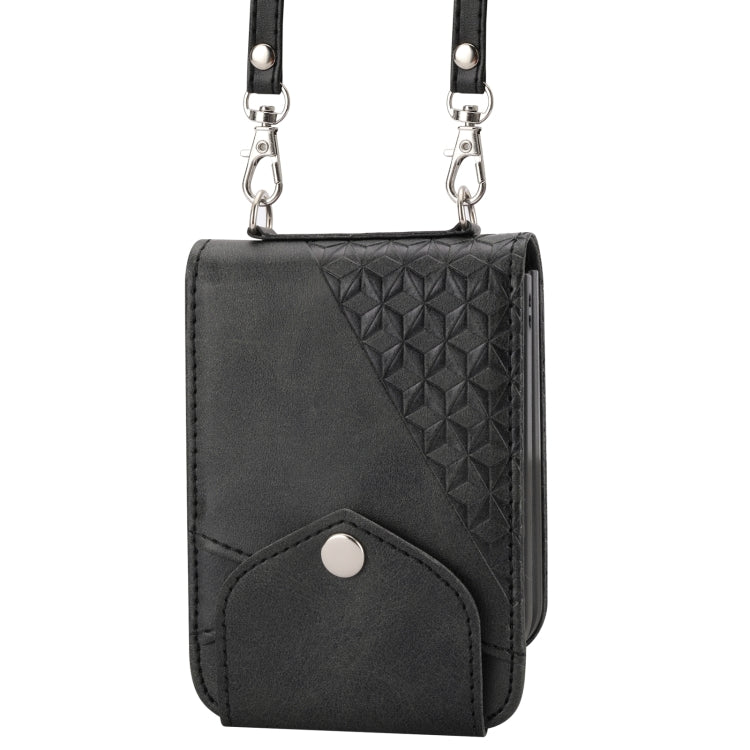 For Samsung Galaxy Z Flip4 Cubic Grid Calf Texture Leather Phone Case with Neck Lanyard