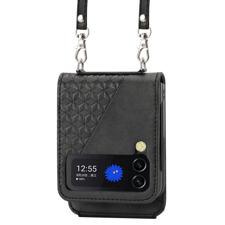 For Samsung Galaxy Z Flip4 Cubic Grid Calf Texture Leather Phone Case with Neck Lanyard