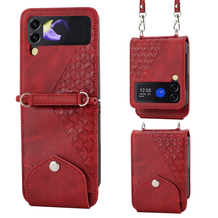 For Samsung Galaxy Z Flip4 Cubic Grid Calf Texture Leather Phone Case with Neck Lanyard