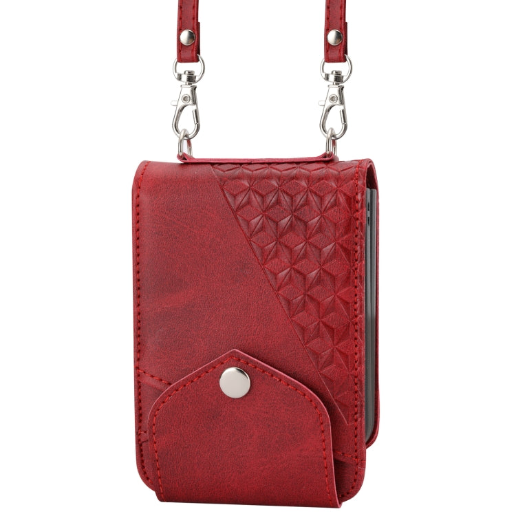 For Samsung Galaxy Z Flip4 Cubic Grid Calf Texture Leather Phone Case with Neck Lanyard