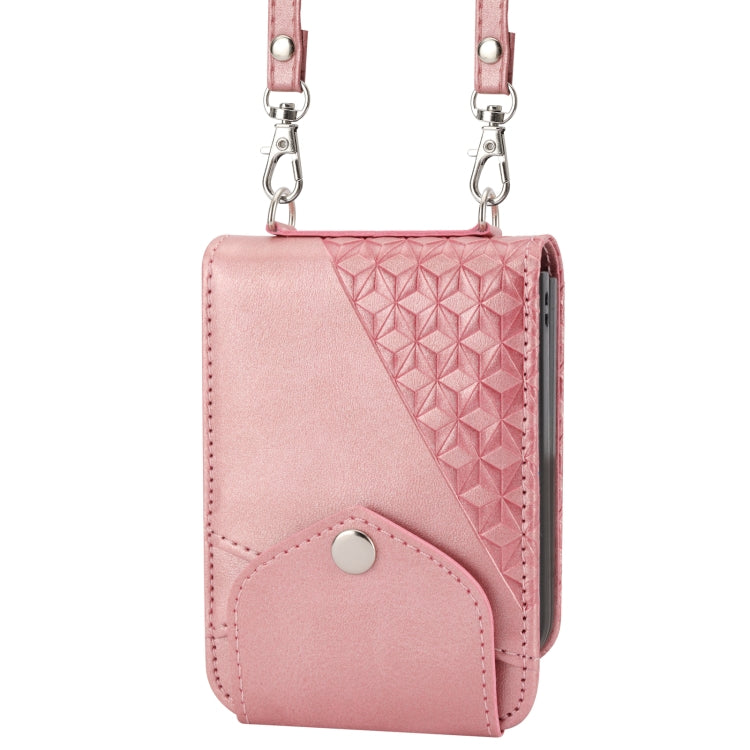 For Samsung Galaxy Z Flip4 Cubic Grid Calf Texture Leather Phone Case with Neck Lanyard