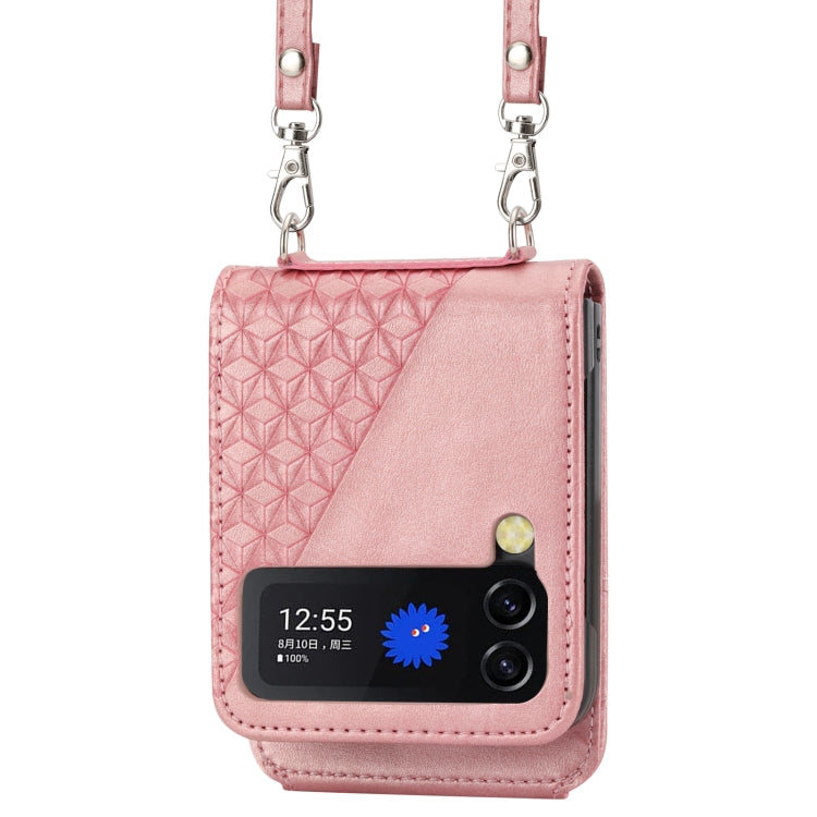 For Samsung Galaxy Z Flip4 Cubic Grid Calf Texture Leather Phone Case with Neck Lanyard