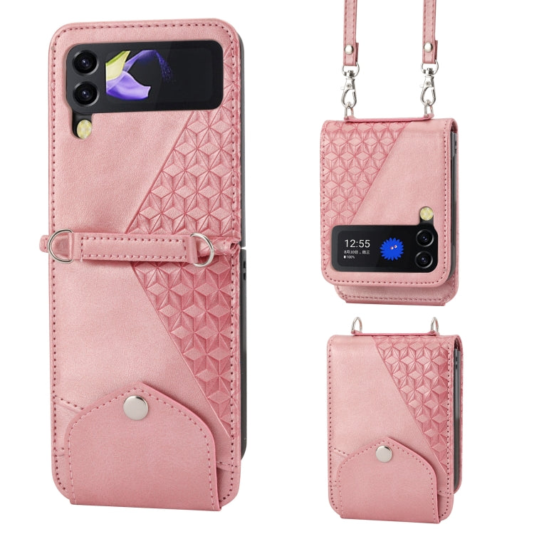 For Samsung Galaxy Z Flip4 Cubic Grid Calf Texture Leather Phone Case with Neck Lanyard