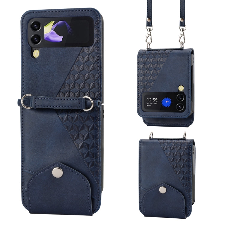 For Samsung Galaxy Z Flip4 Cubic Grid Calf Texture Leather Phone Case with Neck Lanyard