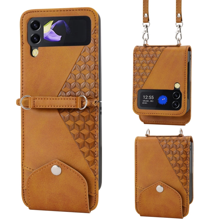 For Samsung Galaxy Z Flip4 Cubic Grid Calf Texture Leather Phone Case with Neck Lanyard