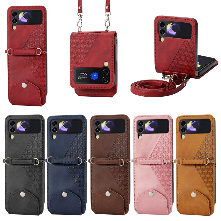 For Samsung Galaxy Z Flip4 Cubic Grid Calf Texture Leather Phone Case with Neck Lanyard
