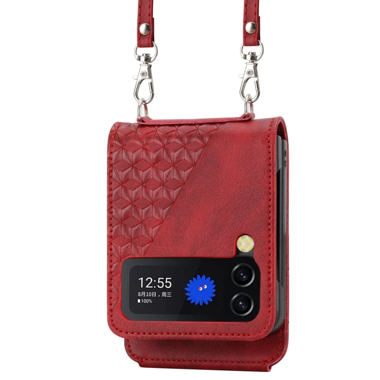 For Samsung Galaxy Z Flip3 5G Cubic Grid Calf Texture Leather Phone Case with Neck Lanyard