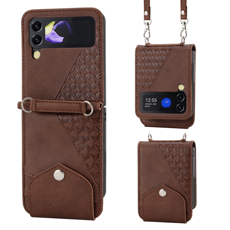 For Samsung Galaxy Z Flip3 5G Cubic Grid Calf Texture Leather Phone Case with Neck Lanyard