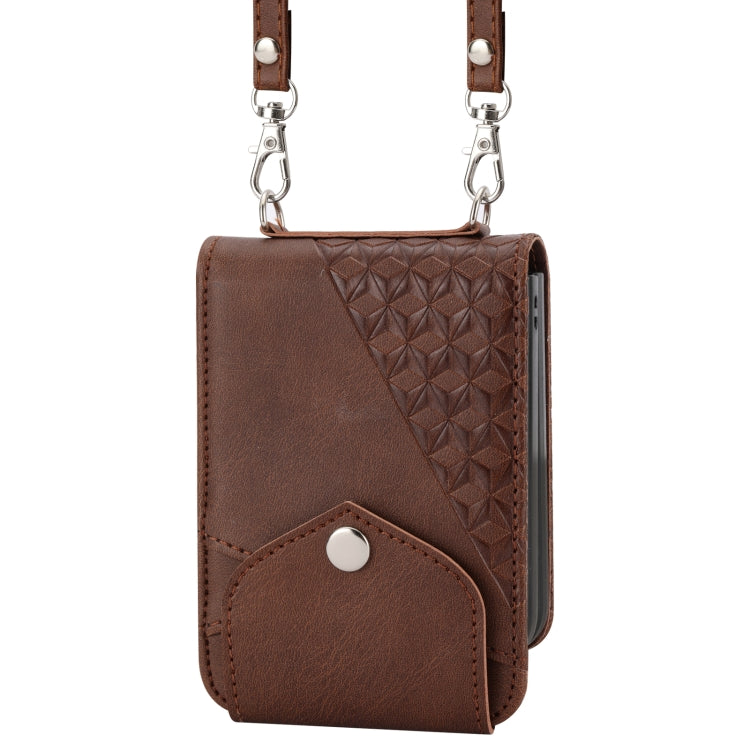 For Samsung Galaxy Z Flip3 5G Cubic Grid Calf Texture Leather Phone Case with Neck Lanyard