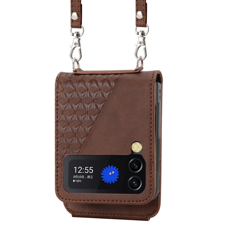 For Samsung Galaxy Z Flip3 5G Cubic Grid Calf Texture Leather Phone Case with Neck Lanyard