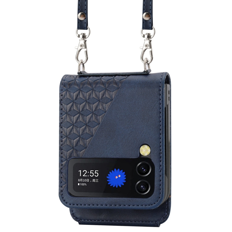 For Samsung Galaxy Z Flip3 5G Cubic Grid Calf Texture Leather Phone Case with Neck Lanyard