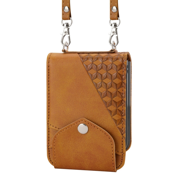 For Samsung Galaxy Z Flip3 5G Cubic Grid Calf Texture Leather Phone Case with Neck Lanyard