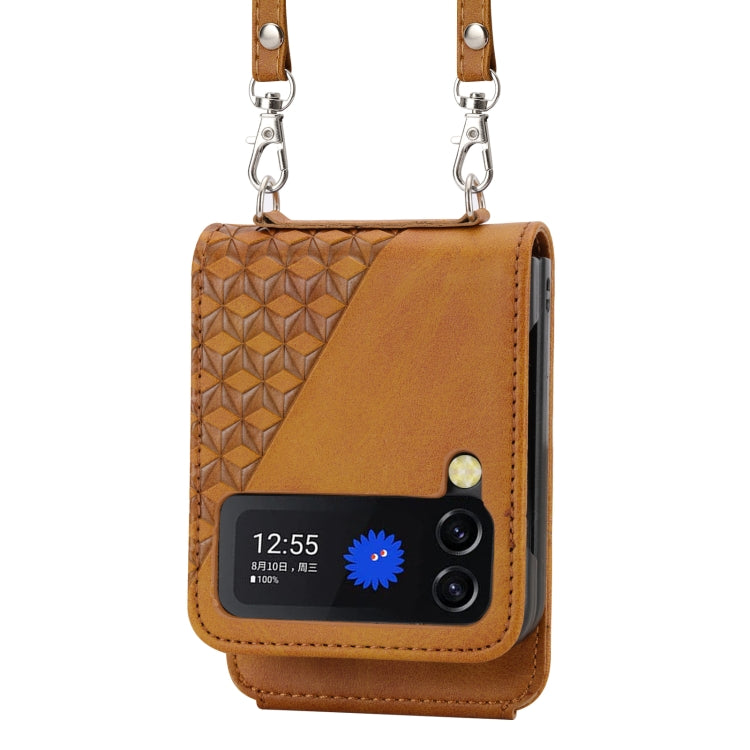 For Samsung Galaxy Z Flip3 5G Cubic Grid Calf Texture Leather Phone Case with Neck Lanyard