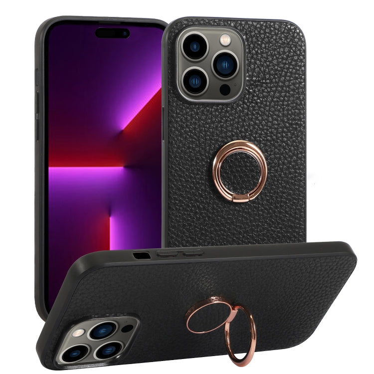 For iPhone 14 Pro Max Litchi Texture Magnetic Phone Case with Ring Holder