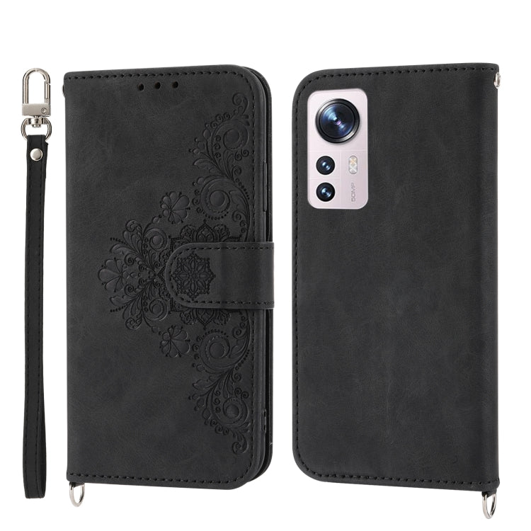 For Xiaomi 12 Pro Skin-feel Flowers Embossed Wallet Leather Phone Case