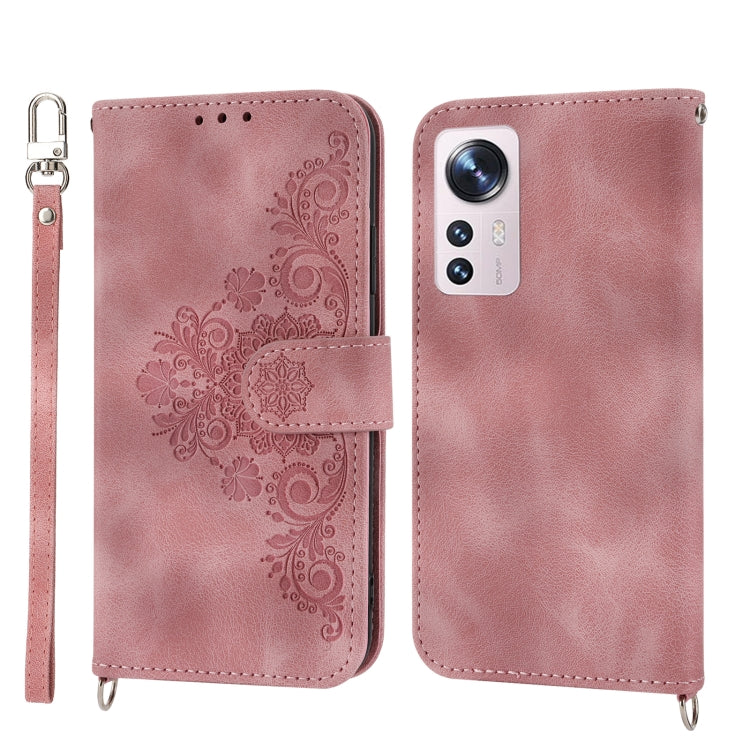 For Xiaomi 12 Pro Skin-feel Flowers Embossed Wallet Leather Phone Case