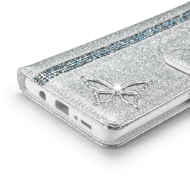 For Samsung Galaxy A71 Glitter Powder Butterfly Leather Phone Case