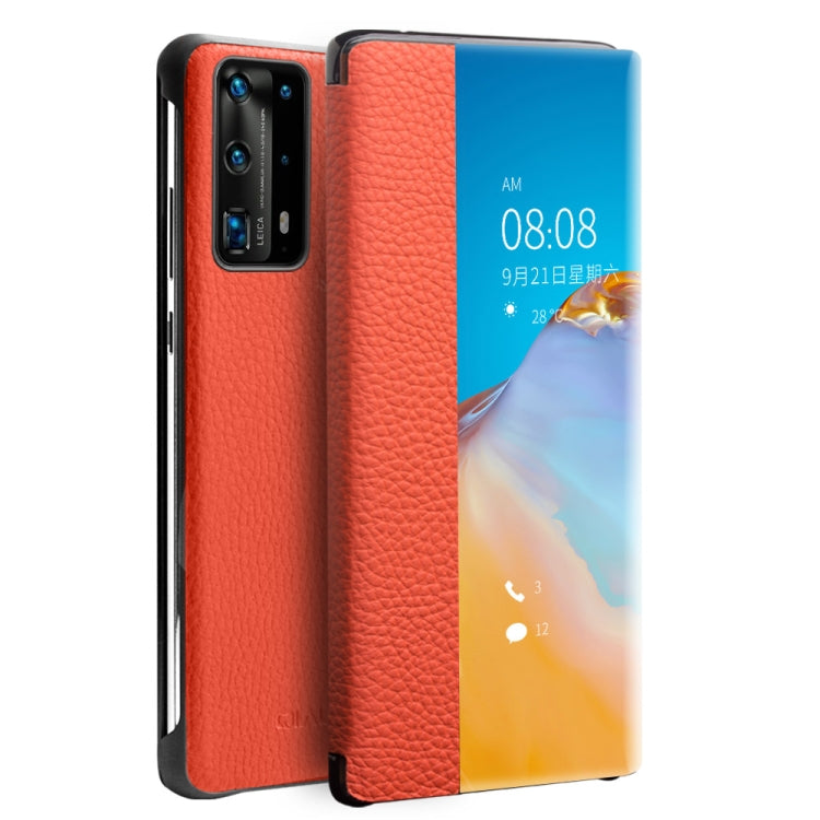 For Huawei P40 QIALINO Litchi Texture Side Window View Leather Phone Case