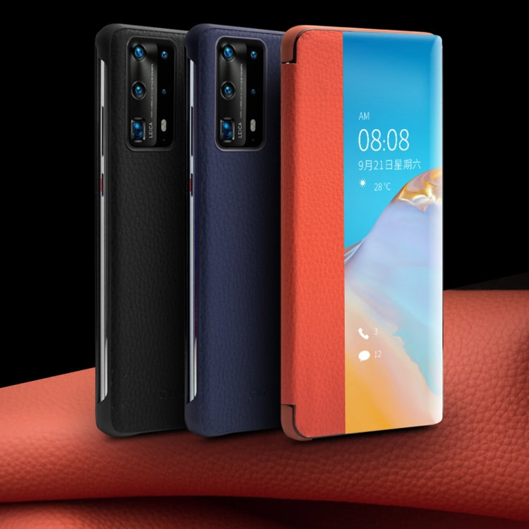 For Huawei P40 QIALINO Litchi Texture Side Window View Leather Phone Case