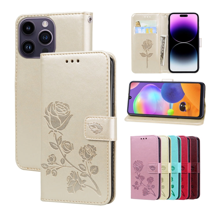 For iPhone 14 Pro Max Rose Embossed Flip PU Leather Phone Case