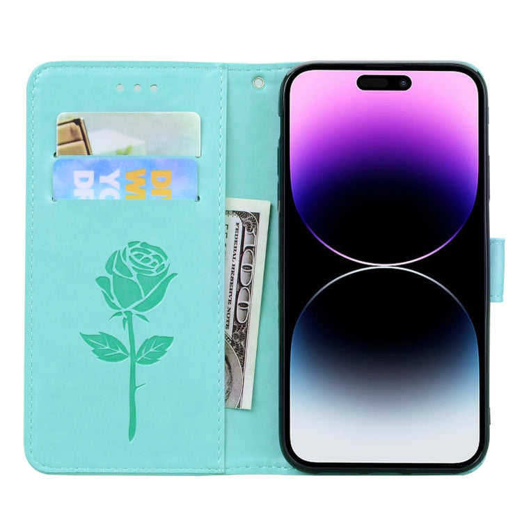 For iPhone 14 Pro Max Rose Embossed Flip PU Leather Phone Case