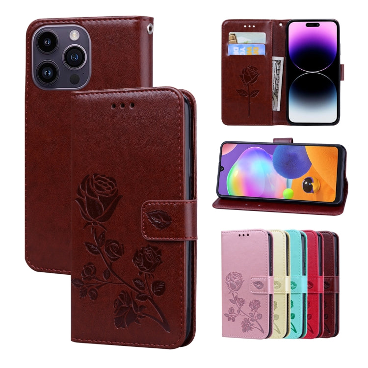 For iPhone 14 Pro Max Rose Embossed Flip PU Leather Phone Case