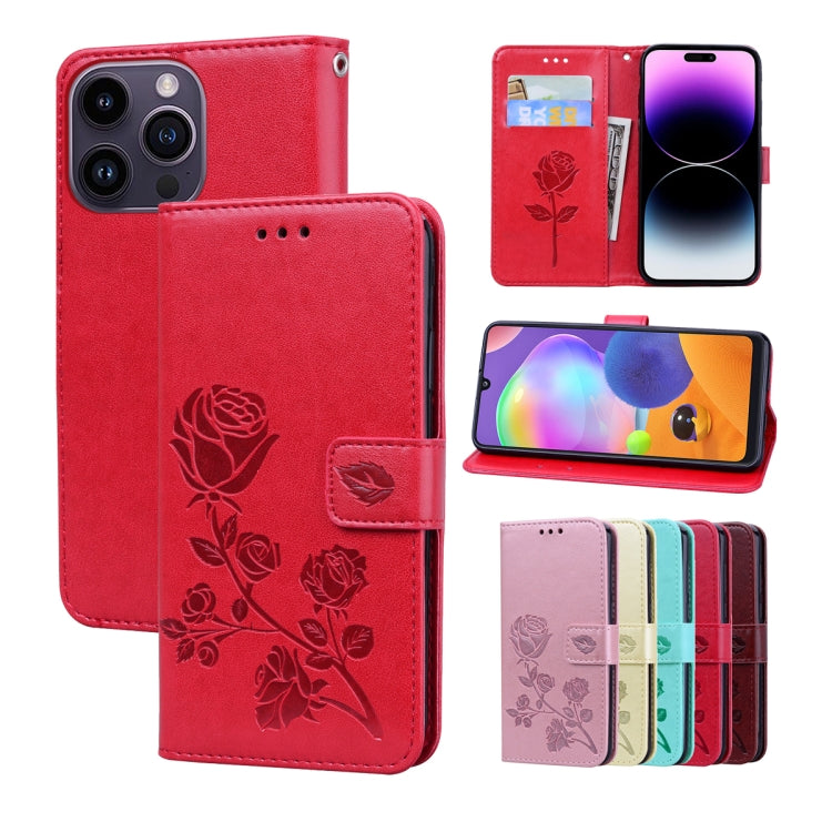 For iPhone 14 Pro Max Rose Embossed Flip PU Leather Phone Case
