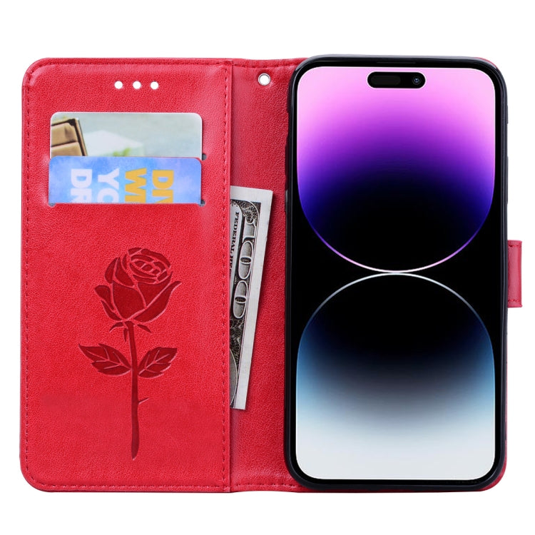 For iPhone 14 Pro Max Rose Embossed Flip PU Leather Phone Case