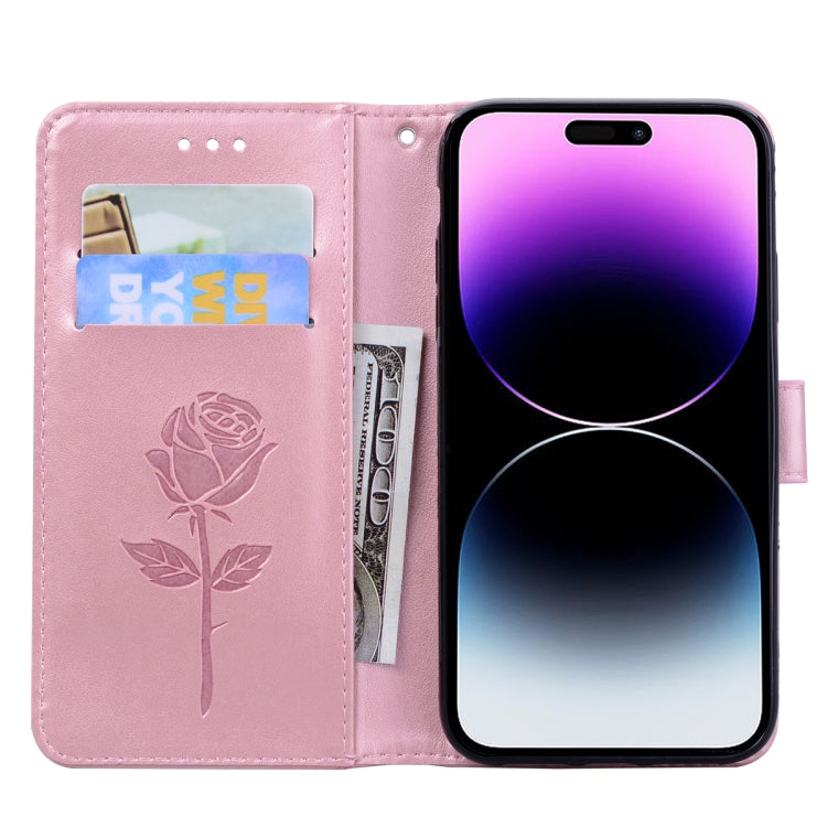 For iPhone 14 Pro Max Rose Embossed Flip PU Leather Phone Case