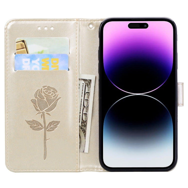 For iPhone 14 Pro Rose Embossed Flip PU Leather Phone Case