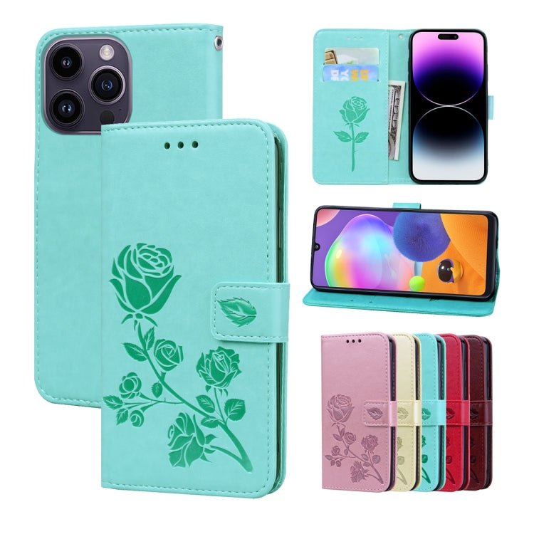 For iPhone 14 Pro Rose Embossed Flip PU Leather Phone Case