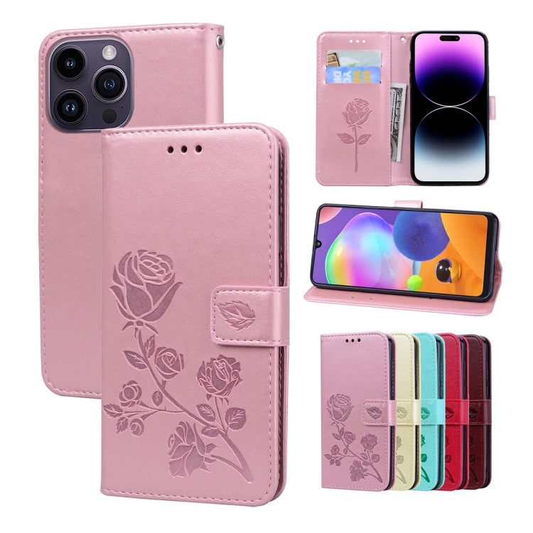 For iPhone 14 Pro Rose Embossed Flip PU Leather Phone Case