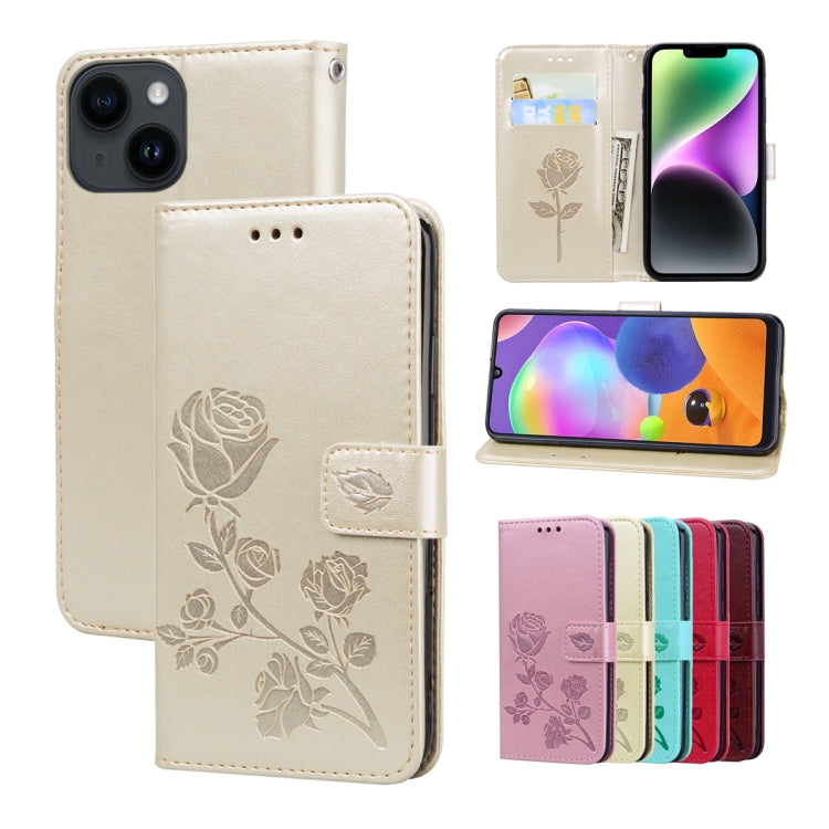For iPhone 14 Rose Embossed Flip PU Leather Phone Case