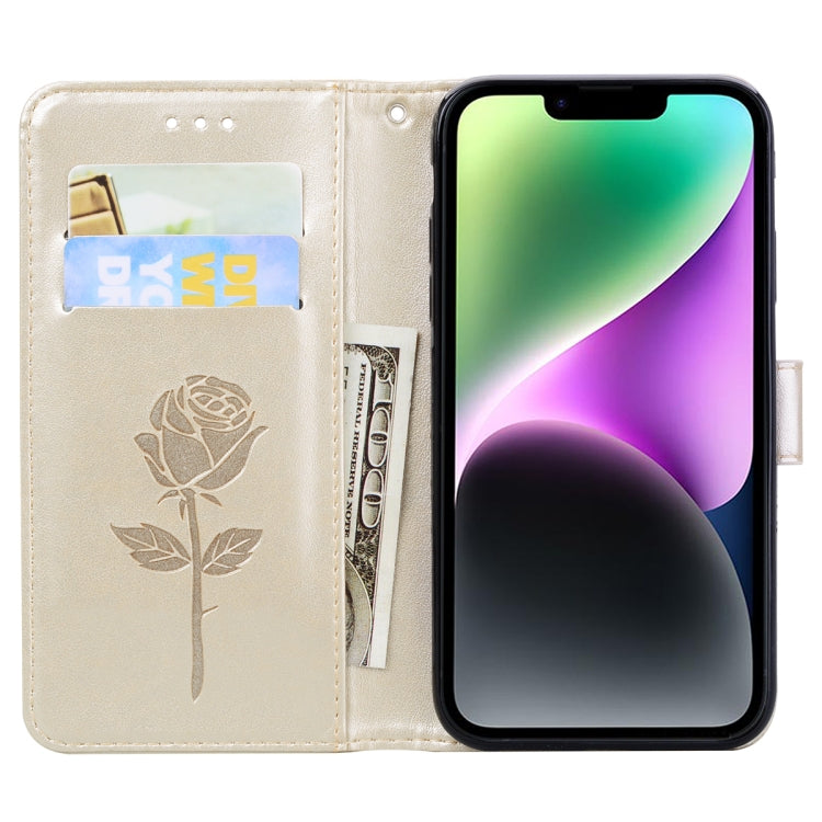 For iPhone 14 Rose Embossed Flip PU Leather Phone Case