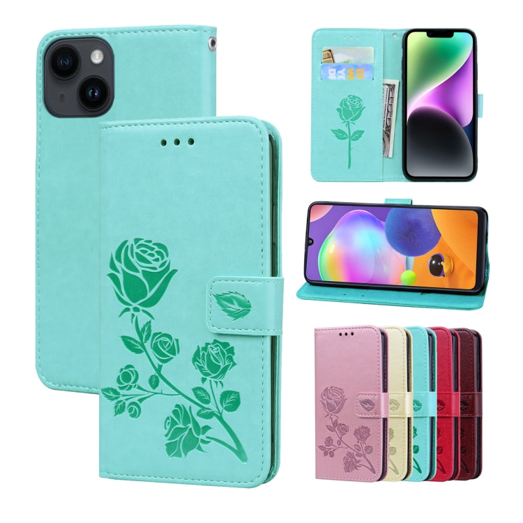 For iPhone 14 Rose Embossed Flip PU Leather Phone Case