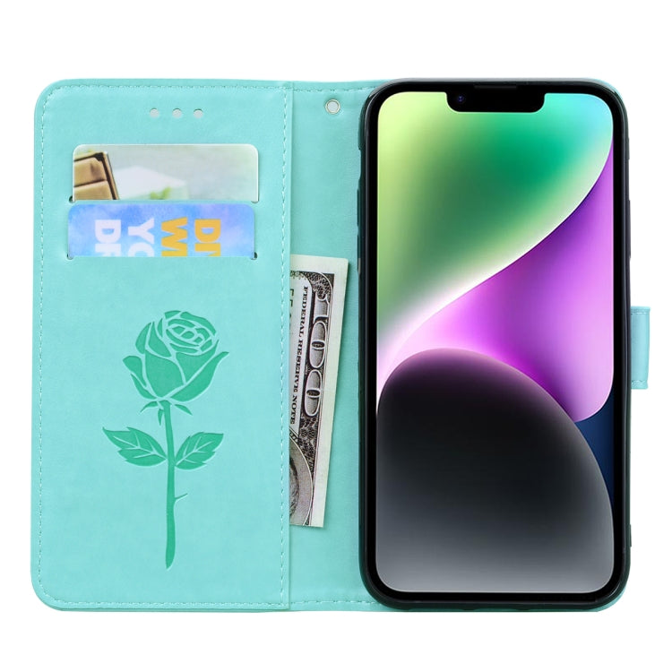 For iPhone 14 Rose Embossed Flip PU Leather Phone Case