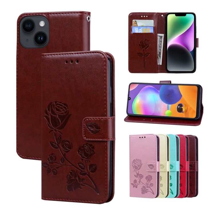 For iPhone 14 Rose Embossed Flip PU Leather Phone Case