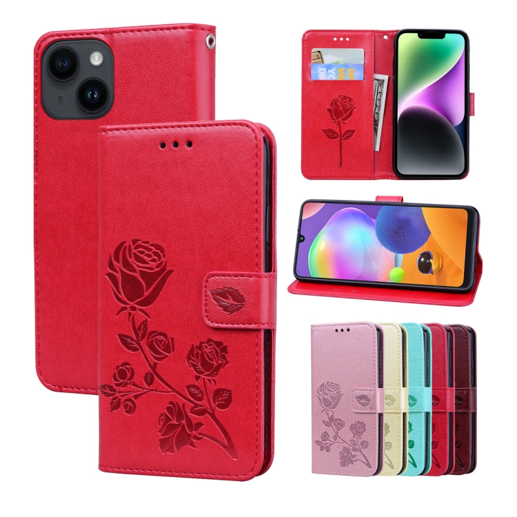 For iPhone 14 Rose Embossed Flip PU Leather Phone Case