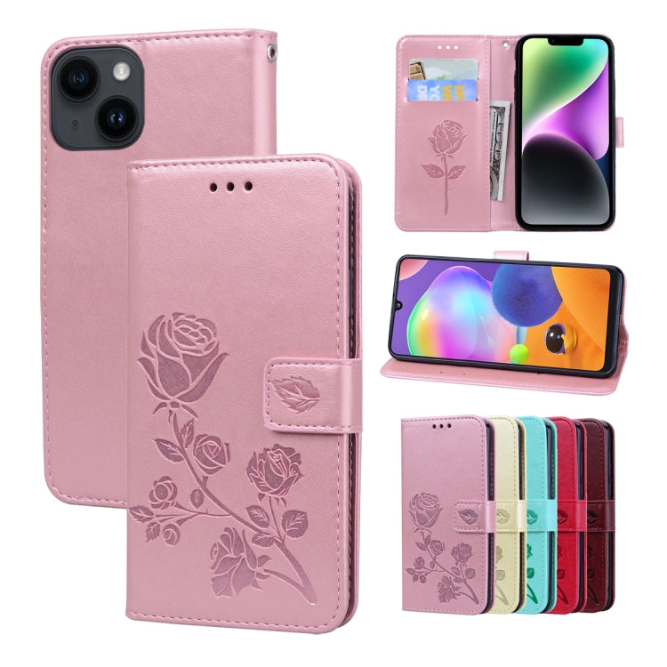 For iPhone 14 Rose Embossed Flip PU Leather Phone Case