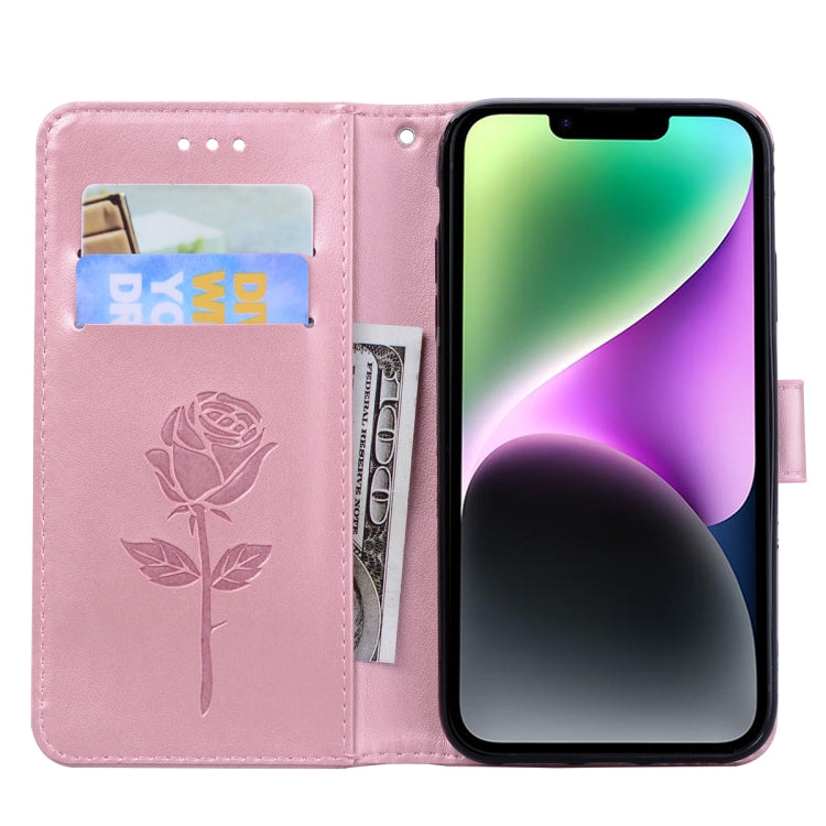 For iPhone 14 Rose Embossed Flip PU Leather Phone Case
