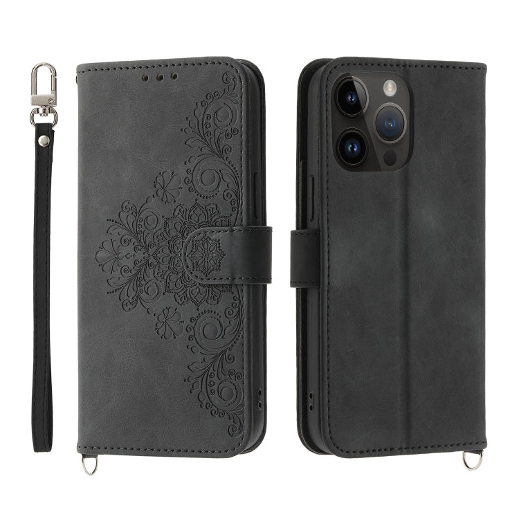 For iPhone 13 Pro Max Skin-feel Flowers Embossed Wallet Leather Phone Case