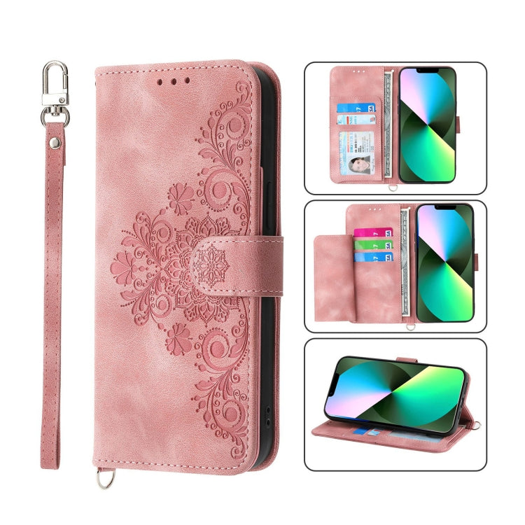 For iPhone 13 Pro Max Skin-feel Flowers Embossed Wallet Leather Phone Case