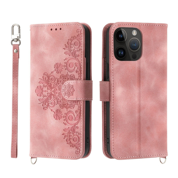 For iPhone 13 Pro Max Skin-feel Flowers Embossed Wallet Leather Phone Case