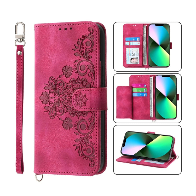 For iPhone 13 Pro Max Skin-feel Flowers Embossed Wallet Leather Phone Case