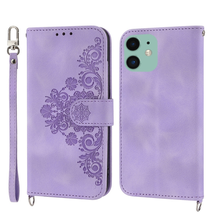 For iPhone 13 Skin-feel Flowers Embossed Wallet Leather Phone Case
