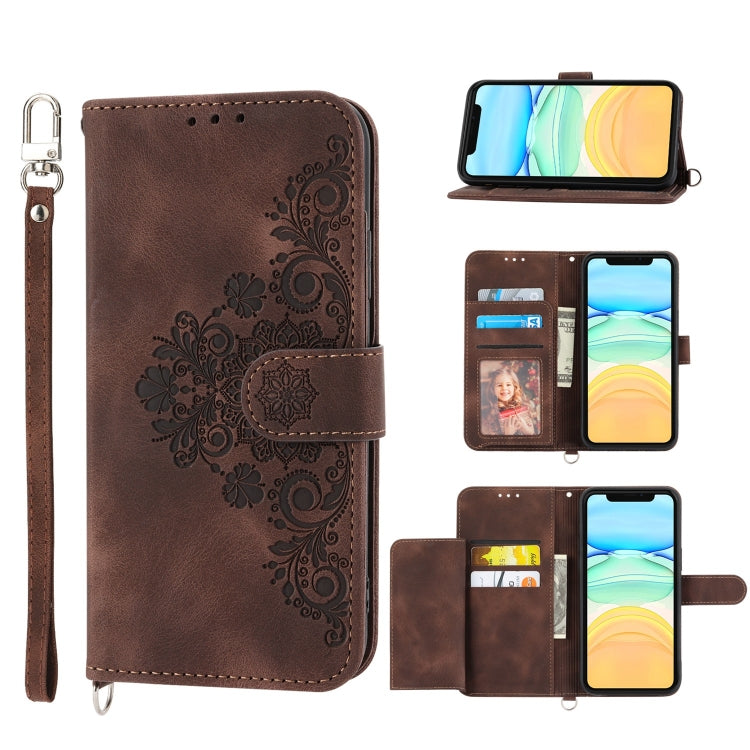 For iPhone 13 Skin-feel Flowers Embossed Wallet Leather Phone Case