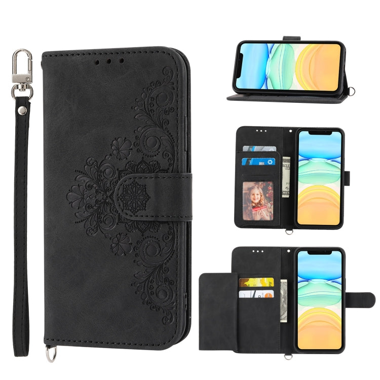 For iPhone 12 / 12 Pro Skin-feel Flowers Embossed Wallet Leather Phone Case