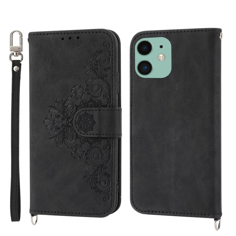 For iPhone 12 / 12 Pro Skin-feel Flowers Embossed Wallet Leather Phone Case