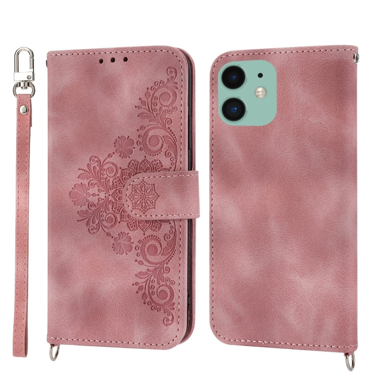 For iPhone 12 / 12 Pro Skin-feel Flowers Embossed Wallet Leather Phone Case